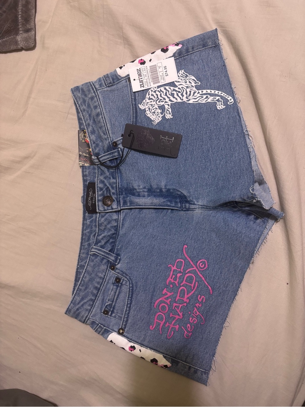 Ed Hardy Light Blue Denim Shorts with Black Label